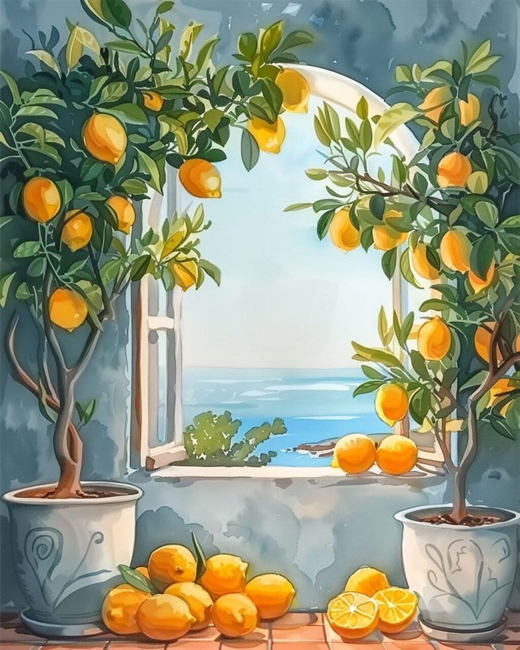 Two Lemon Trees Paint by Number for Adults Beginner Window View of the Sea Paint by Numbers on Canvas Fashion Decor Paint by Numbers Kits Suitable for Gift Home Decoration Without Frame